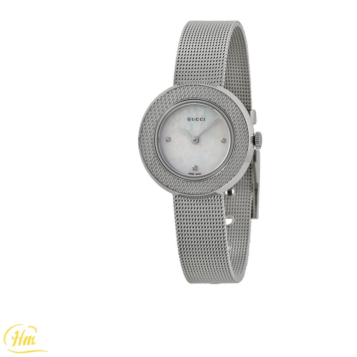 GUCCI U-Play Diamond Mother of Pearl Dial Stainless Steel Mesh Watch YA129517
