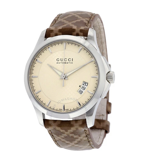GUCCI G-Timeless Beige Dial Brown Diamante Leather Unisex Watch YA126421