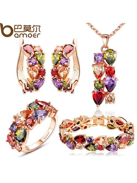 BAMOER Luxury Gold Color Mona Lisa Jewelry Sets with Multicolor AAA Cubic Zircon Jewelry Sets