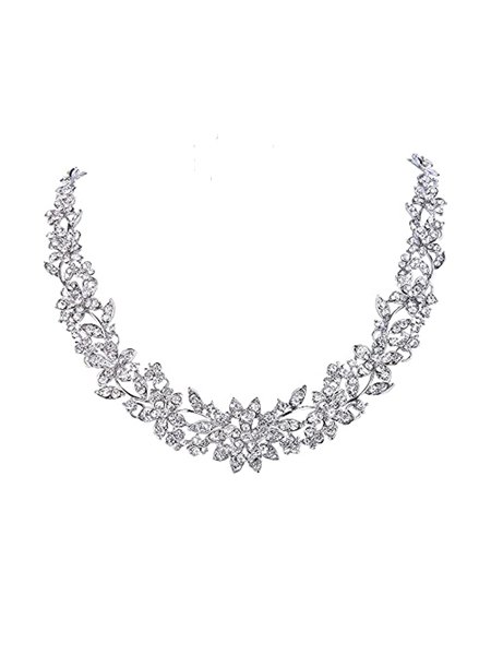 Wedding Cluster Flower Leaf Necklace Earrings Set Clear Austrian Crystal Silver-Tone