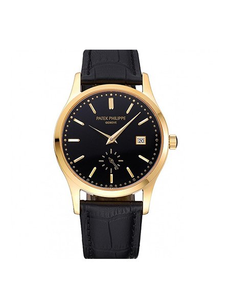 Patek Philippe Calatrava Black Dial Gold Case Black Leather Strap 622845