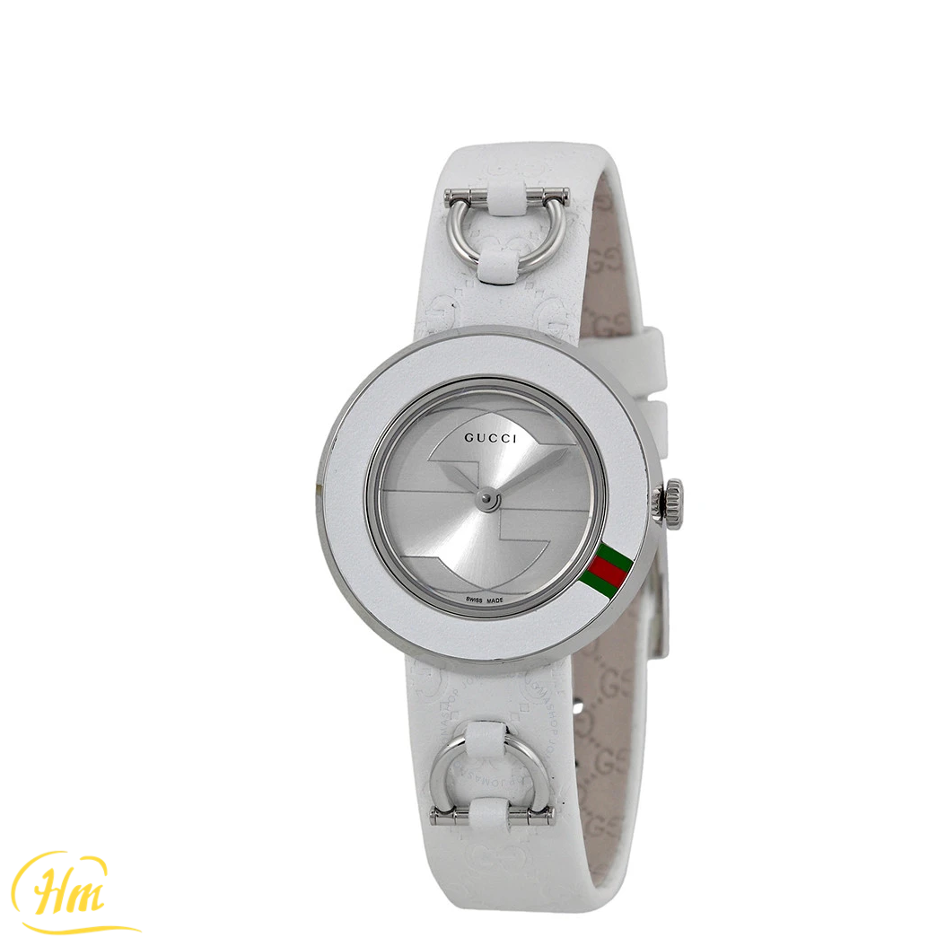 GUCCI U Play Silver Dial White Leather Strap Watch YA129509
