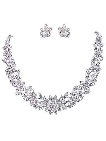 Wedding Cluster Flower Leaf Necklace Earrings Set Clear Austrian Crystal Silver-Tone