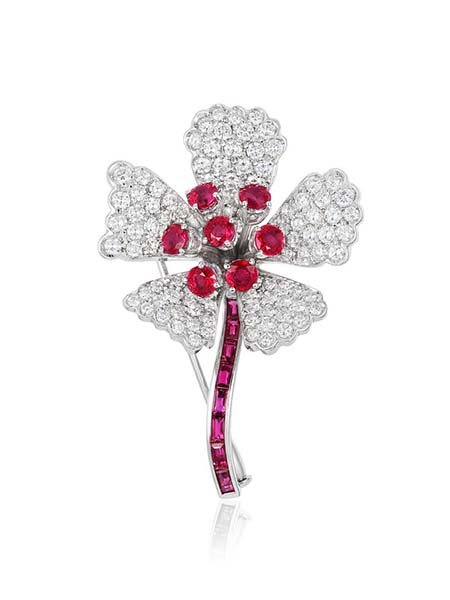Andreoli Ruby Diamond Flower Brooch Pin 18 Karat White Gold