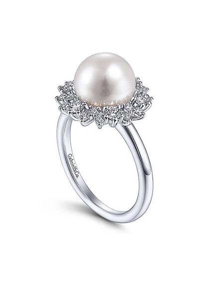 White Gold Cultured Pearl Diamond Halo Fashion Ring