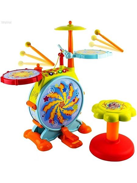 WolVol Electric Big Toy Drum Set for Kids with Movable Working Microphone to Sing and a Chair