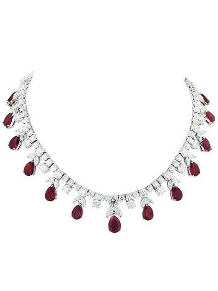 Brass Necklace Clear Cubic Zirconia with Synthetic Ruby Teardrop