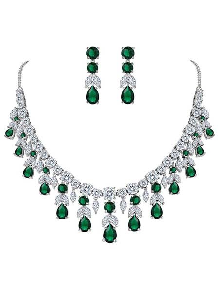 Bridal CZ Cluster Leaf Teardrop Statement Necklace Dangle Earrings Set