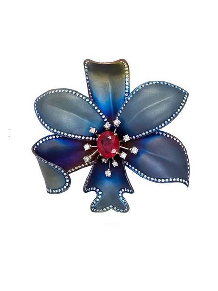Andreoli Titanium Ruby Diamond Flower Brooch Pin