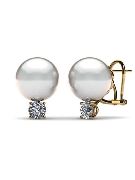 14K Yellow Gold Diamond and White Pearl Scalloped Clip Back