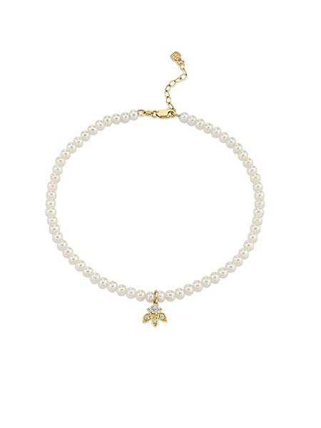 Yellow Gold & Diamond Marquis Petal Anklet on Fresh Water Pearls
