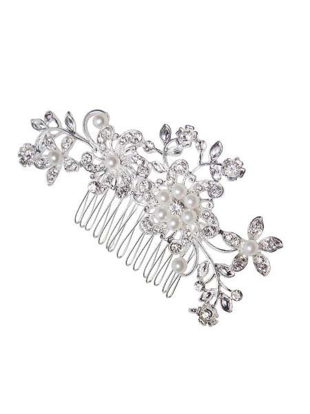 Women Bridal Wedding Flower Diamante Crystal Rhinestones Pearls Hair Clip Comb