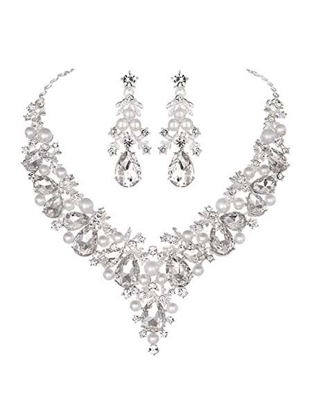 Rhinestone Simulated Pearl Necklace Earring Jewelry Set