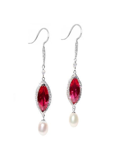 Sterling Silver 925 Marquise Sim Ruby with Pearl Drop Earring